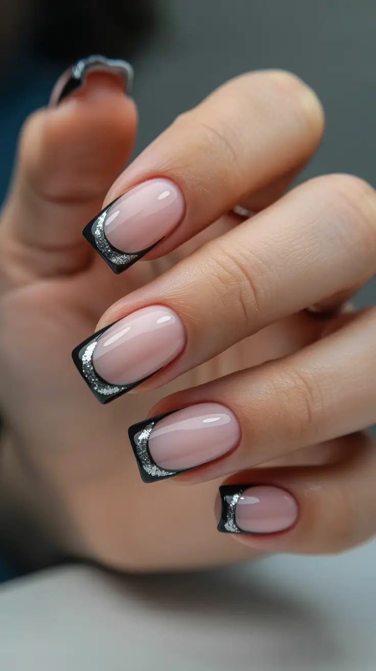 Trendy Black French Tip Nails 2026 Glossy Black French With Silver Sparkle Frame