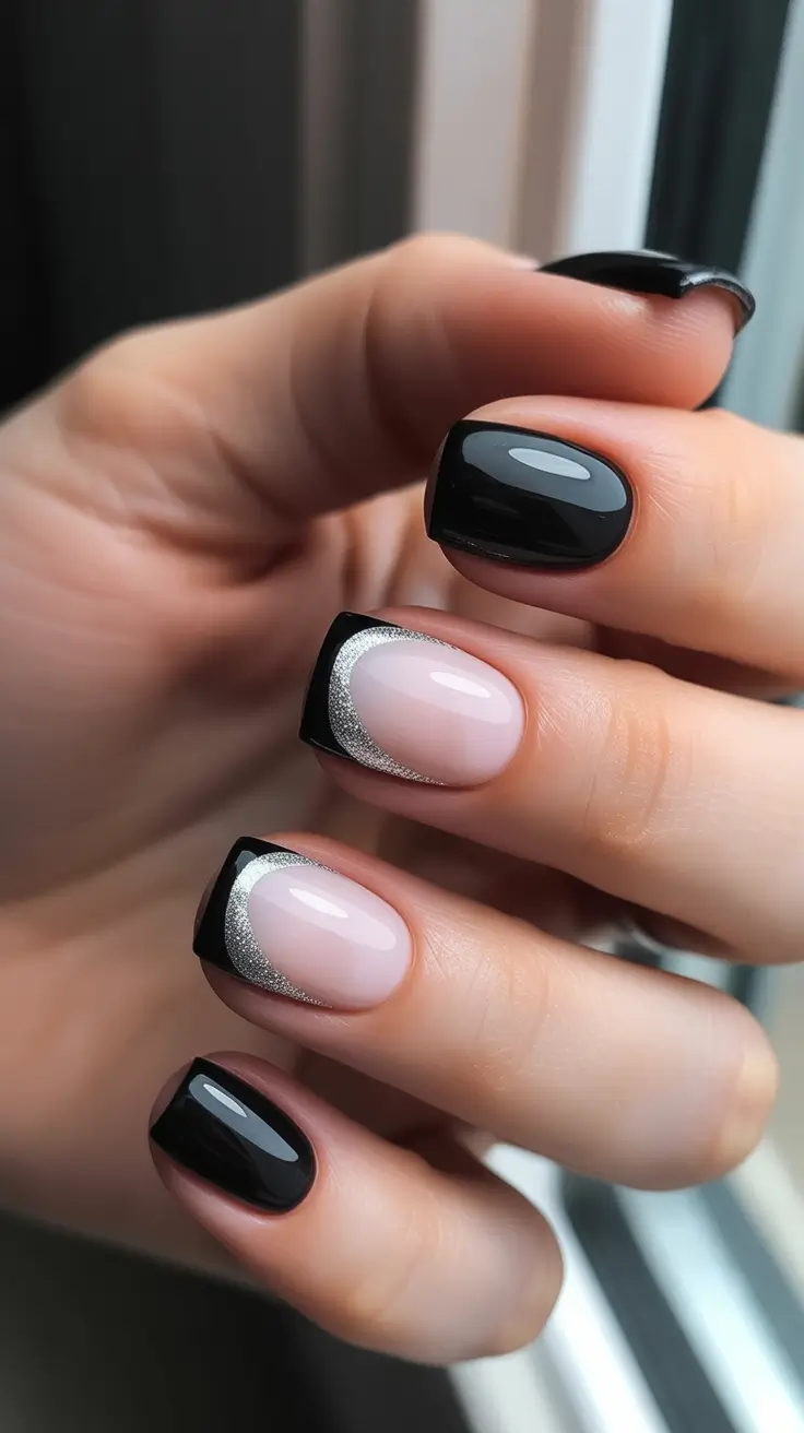 Trendy Black French Tip Nails 2026 Mixed Gloss Black And Sparkly Framed French