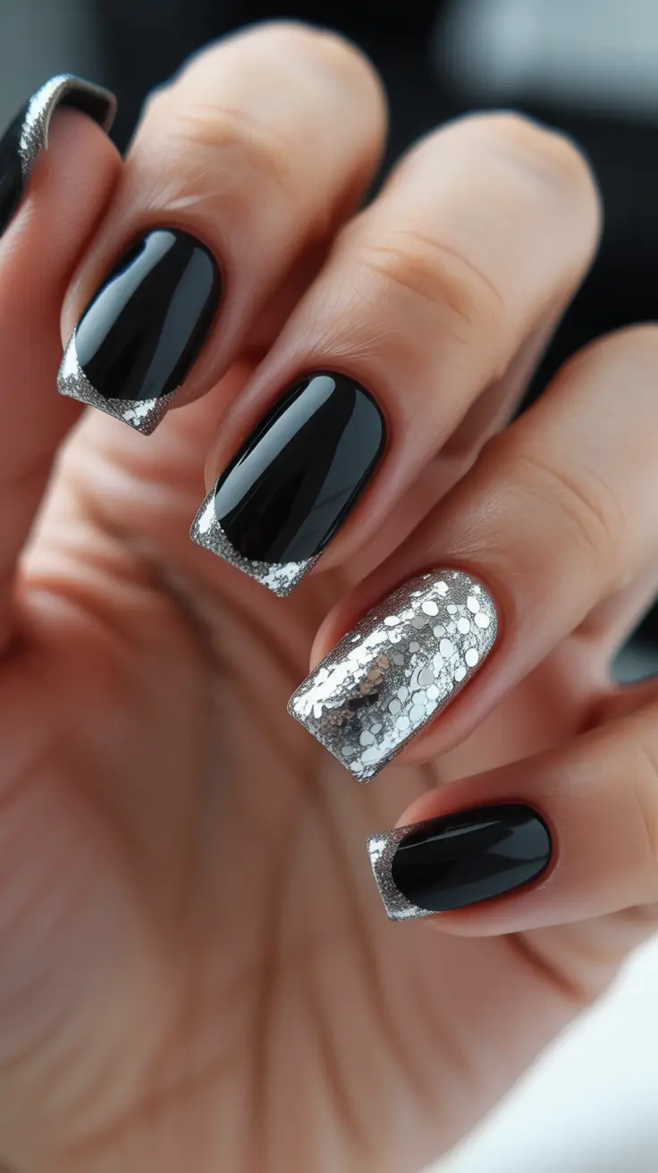Trendy Black French Tip Nails 2026 Jet Black Tips With Silver Glitter Accent Drama