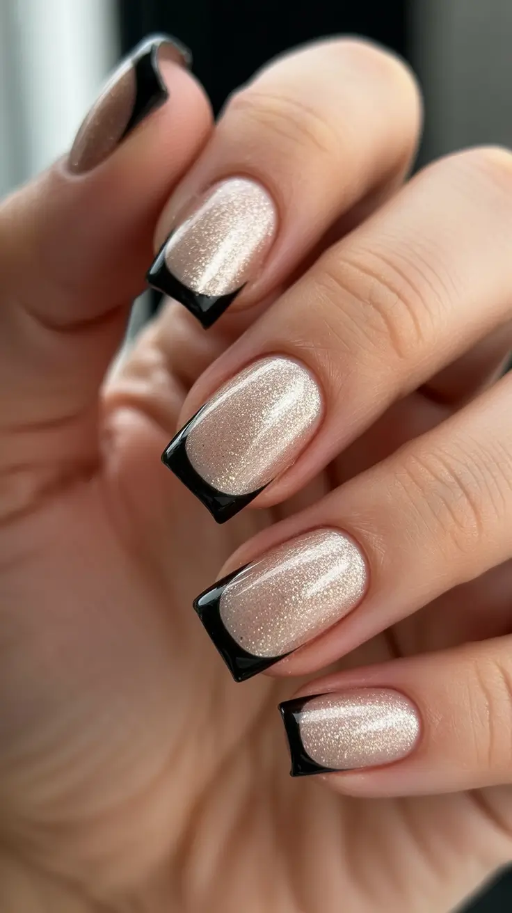 Trendy Black French Tip Nails 2026 Champagne Shimmer Base With Crisp Black French Tips