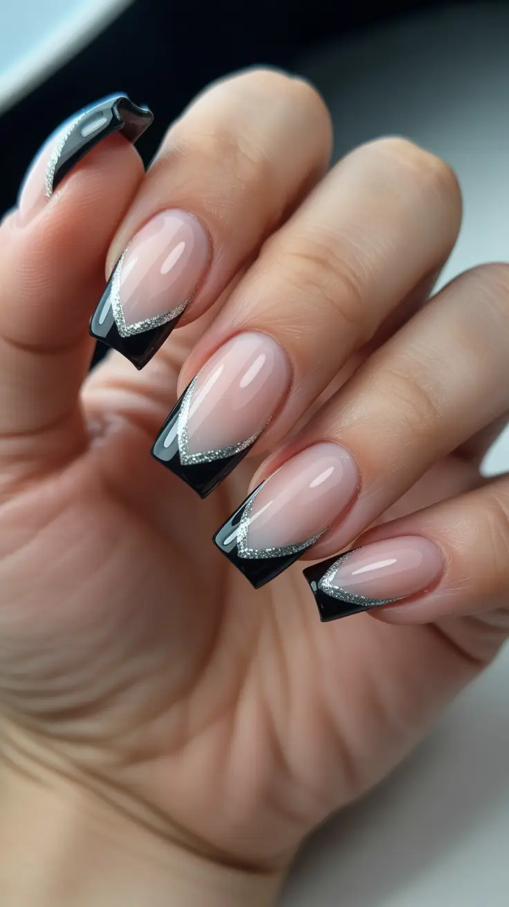 Trendy Black French Tip Nails 2026 Chevron Sparkle Outline French On A Pink Base