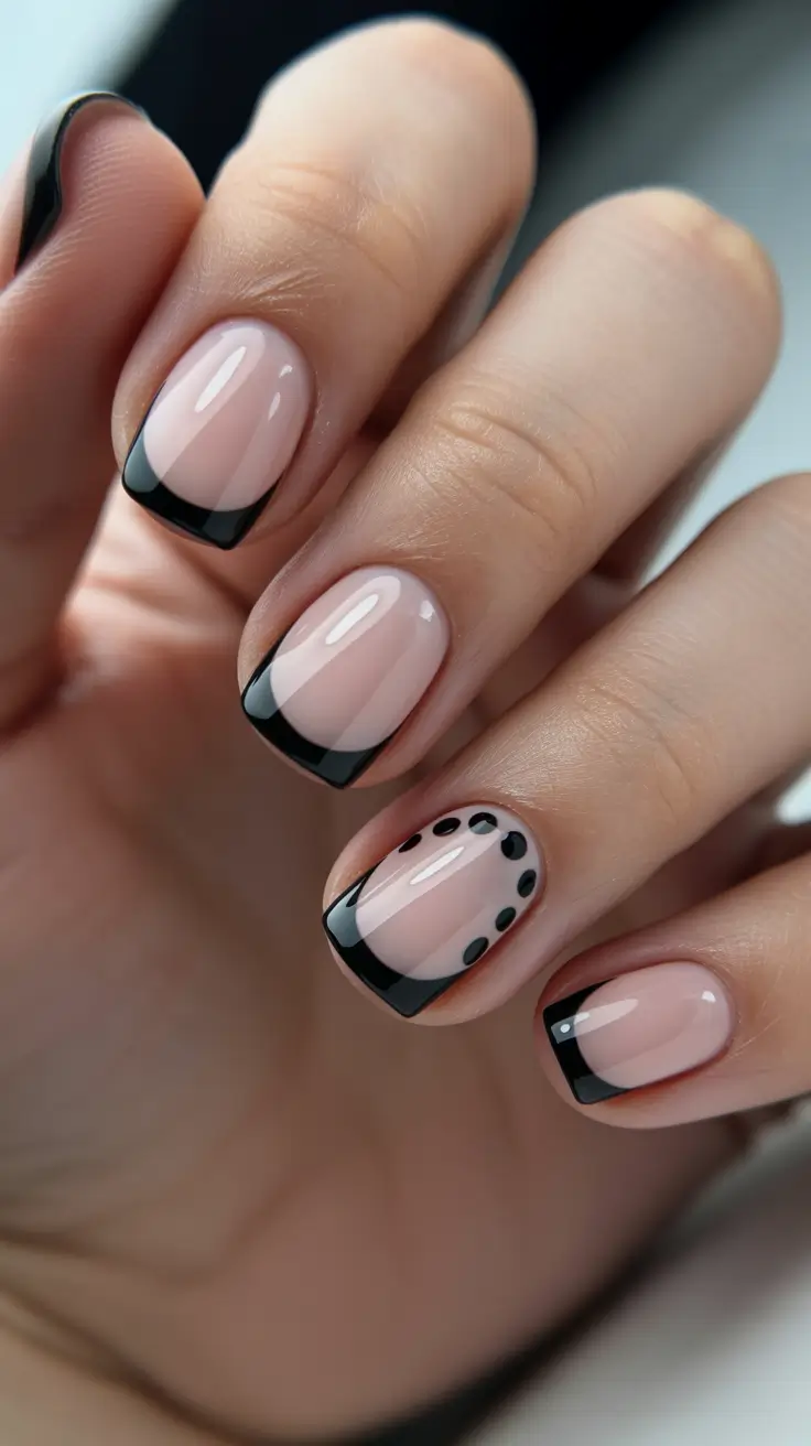Trendy Black French Tip Nails 2026 Short Micro French With A Cute Dot Accent