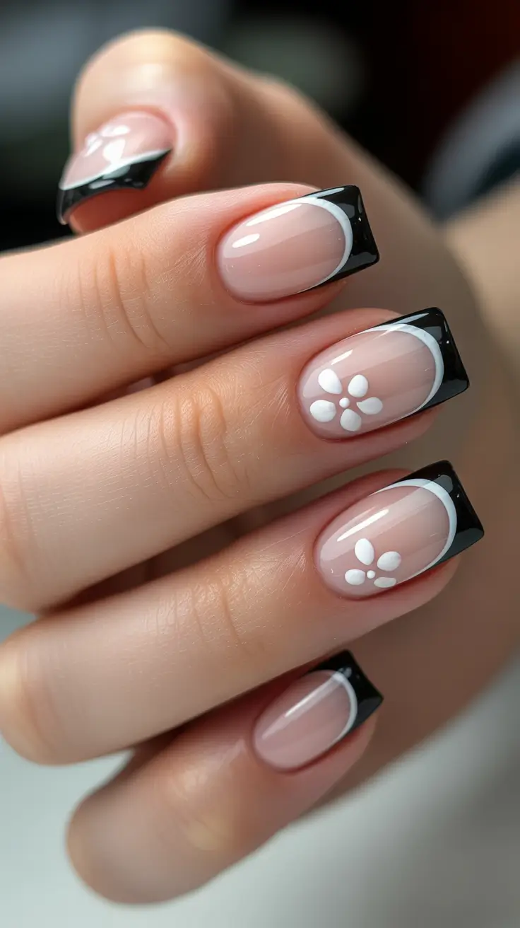 trendy black French tip nails 2026 Double-Lined Black French With Mini Petal Accents