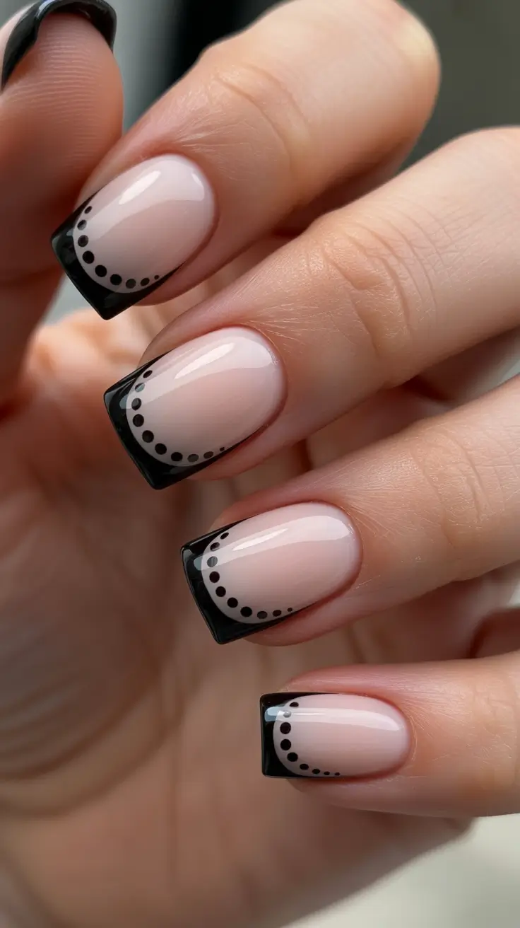 trendy black French tip nails 2026 Minimal Square Black Tips With A Dotted Halo Detail