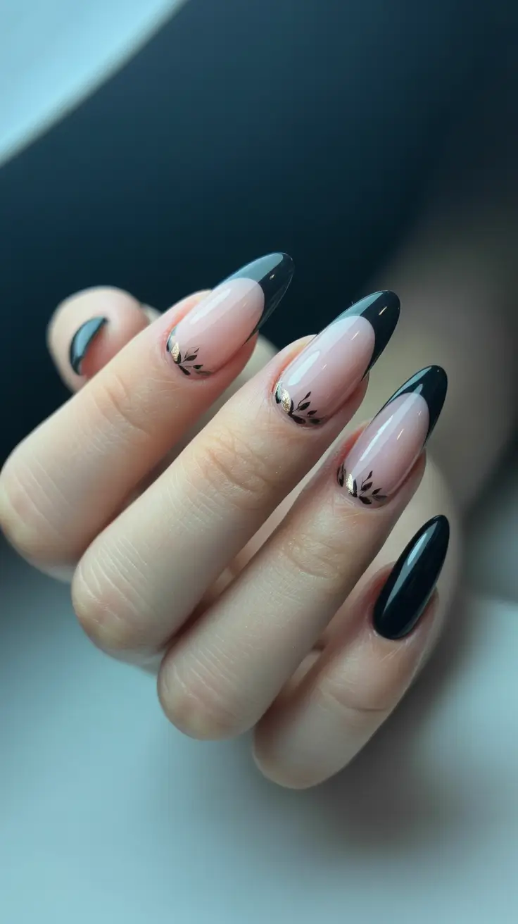 trendy black French tip nails 2026 Almond Black French Fade With Delicate Leaf Details