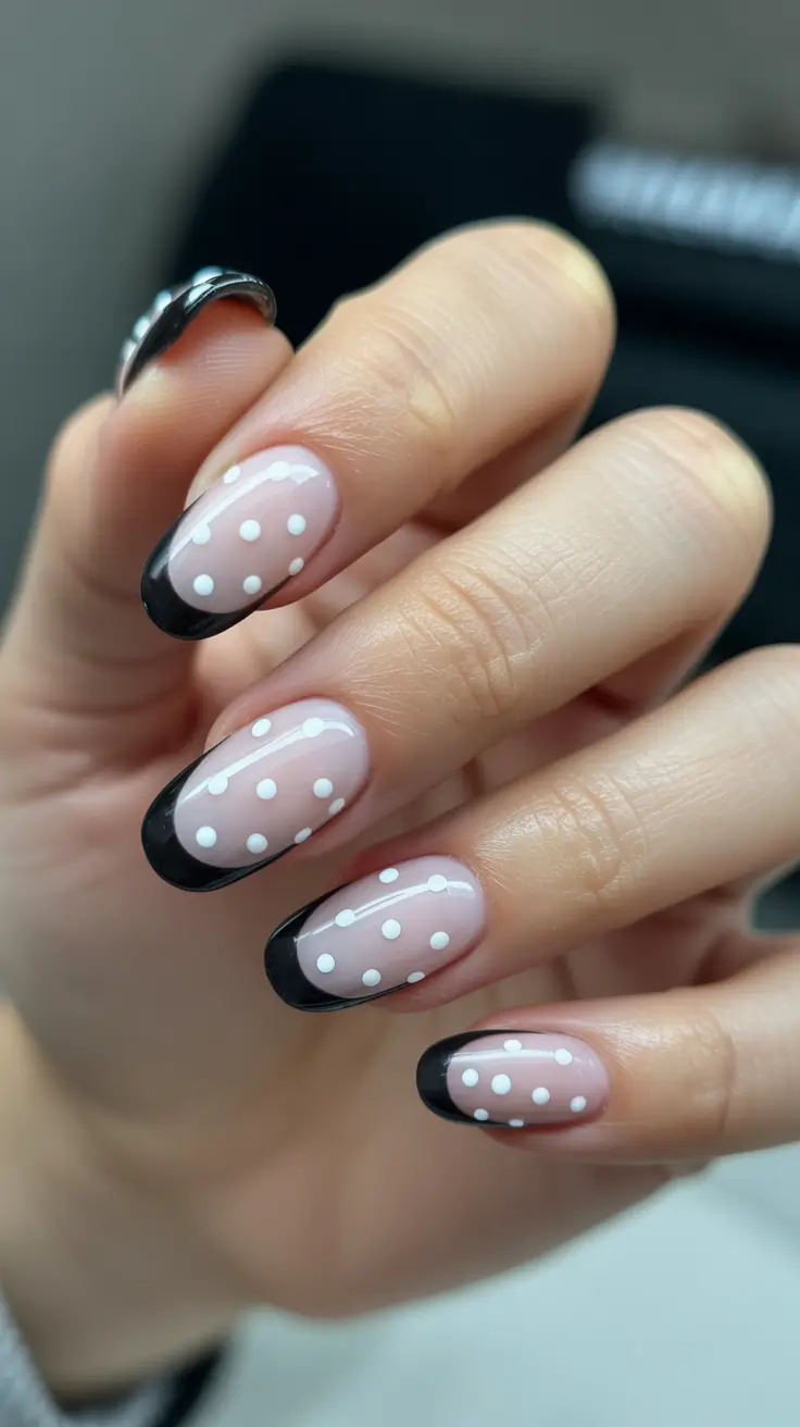 trendy black French tip nails 2026 Playful Polka Dot Black Tips On A Soft Nude Base
