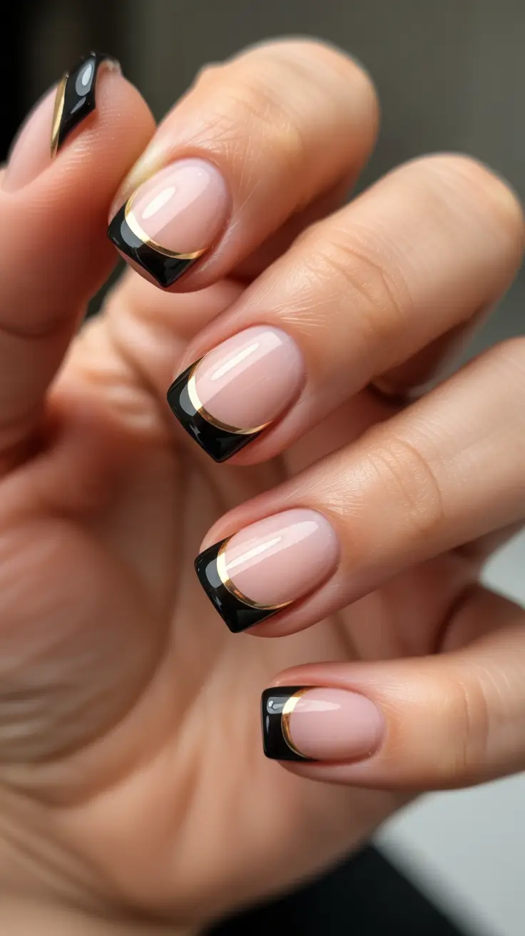 trendy black French tip nails 2026 Black Square French With A Thin Gold Outline