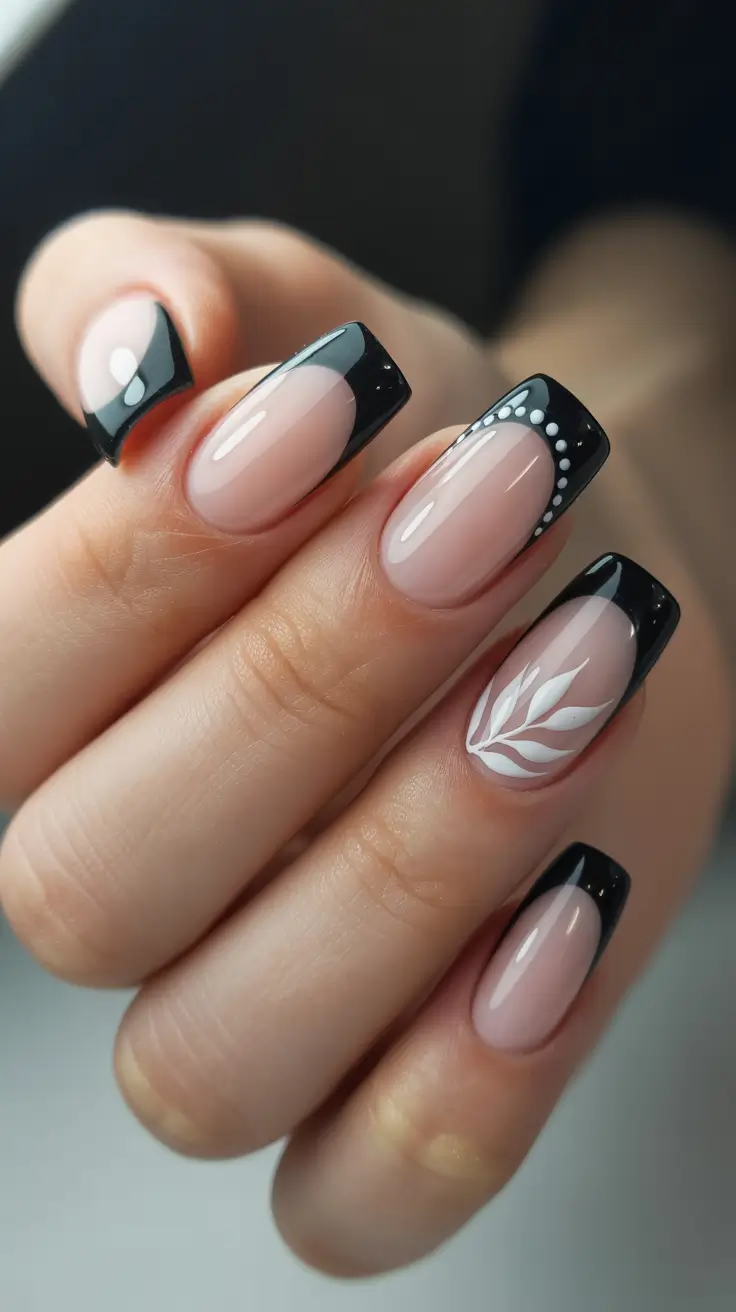 trendy black French tip nails 2026 Graphic Black French With White Leaf Accent And Dot Border
