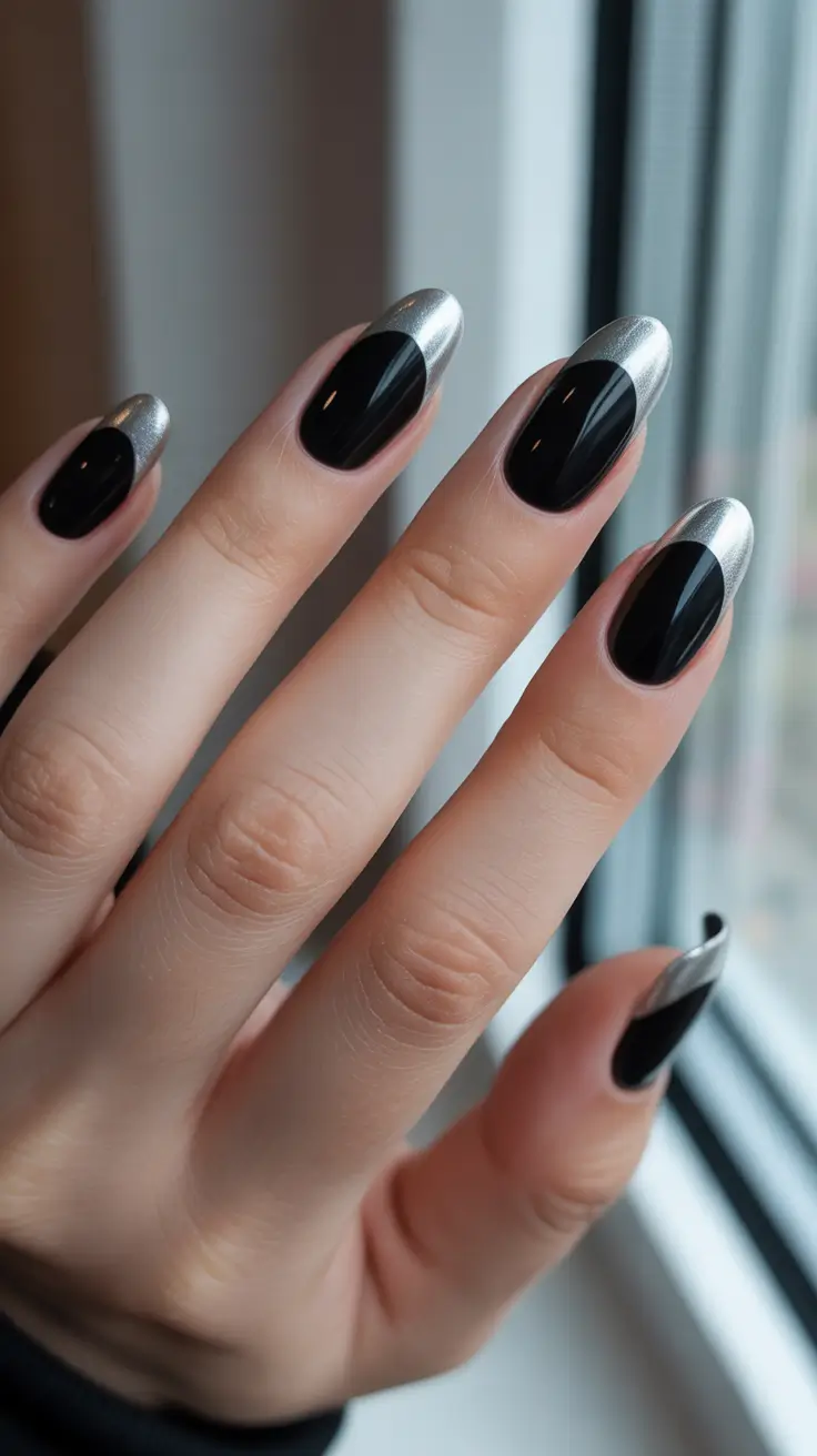 Trendy Black French Tip Nails 2026 Black Base With Silver Chrome French Edge