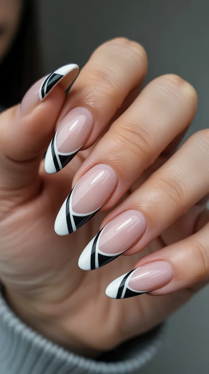 Trendy Black French Tip Nails 2026 White French Tips With Black Graphic Ribbon Lines