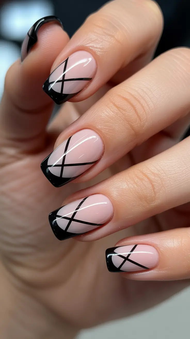 Trendy Black French Tip Nails 2026 Criss Cross Minimal Black French For A Sharp Finish
