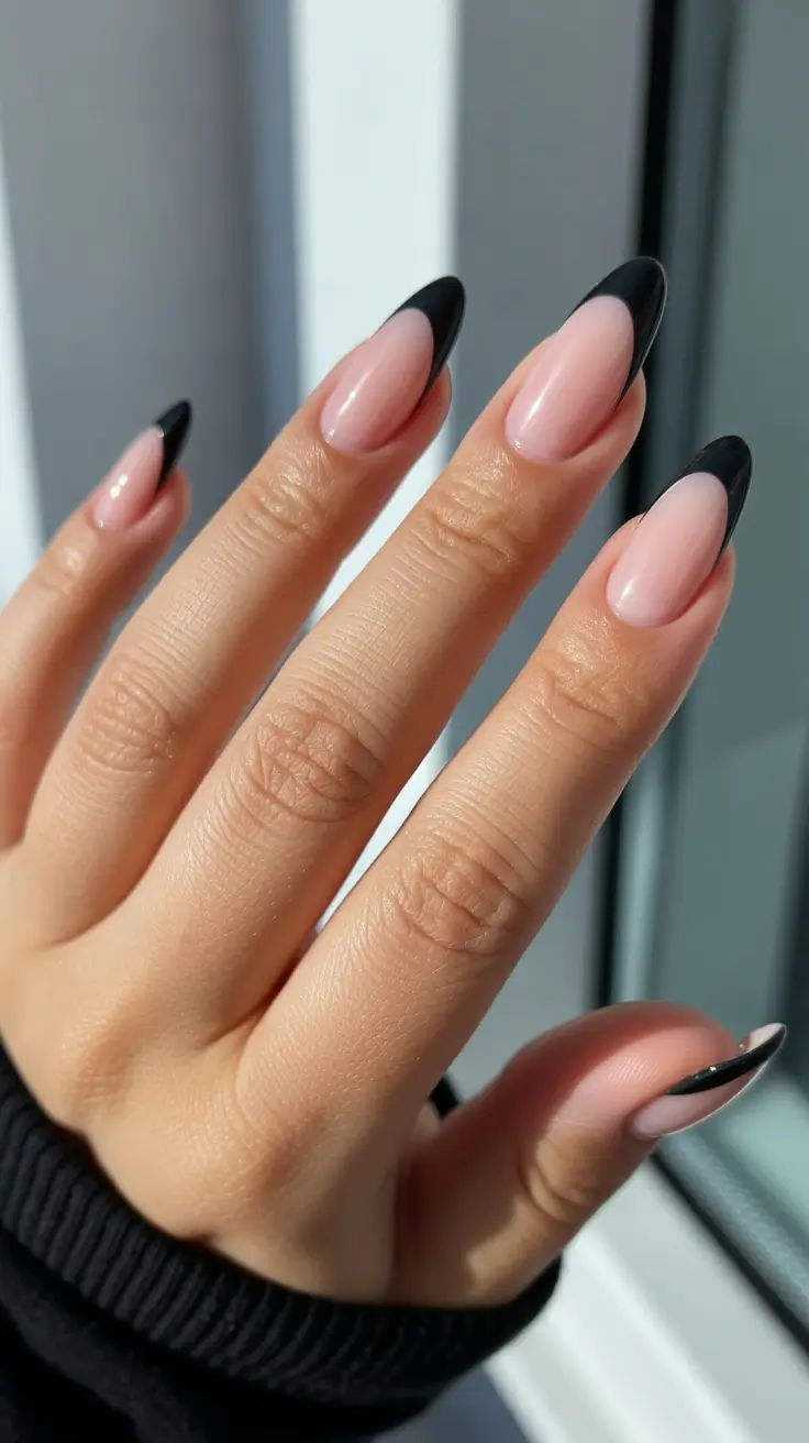 trendy black French tip nails 2026 Glossy Almond Black Tips On A Blush Pink Base
