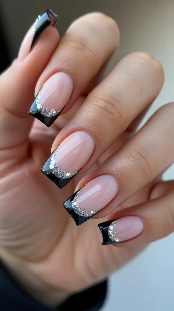 trendy black French tip nails 2026 Square Black French Tips With A Silver Sparkle Curve