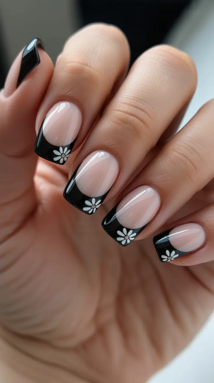 trendy black French tip nails 2026 Short Black Tips With Tiny White Daisy Accents