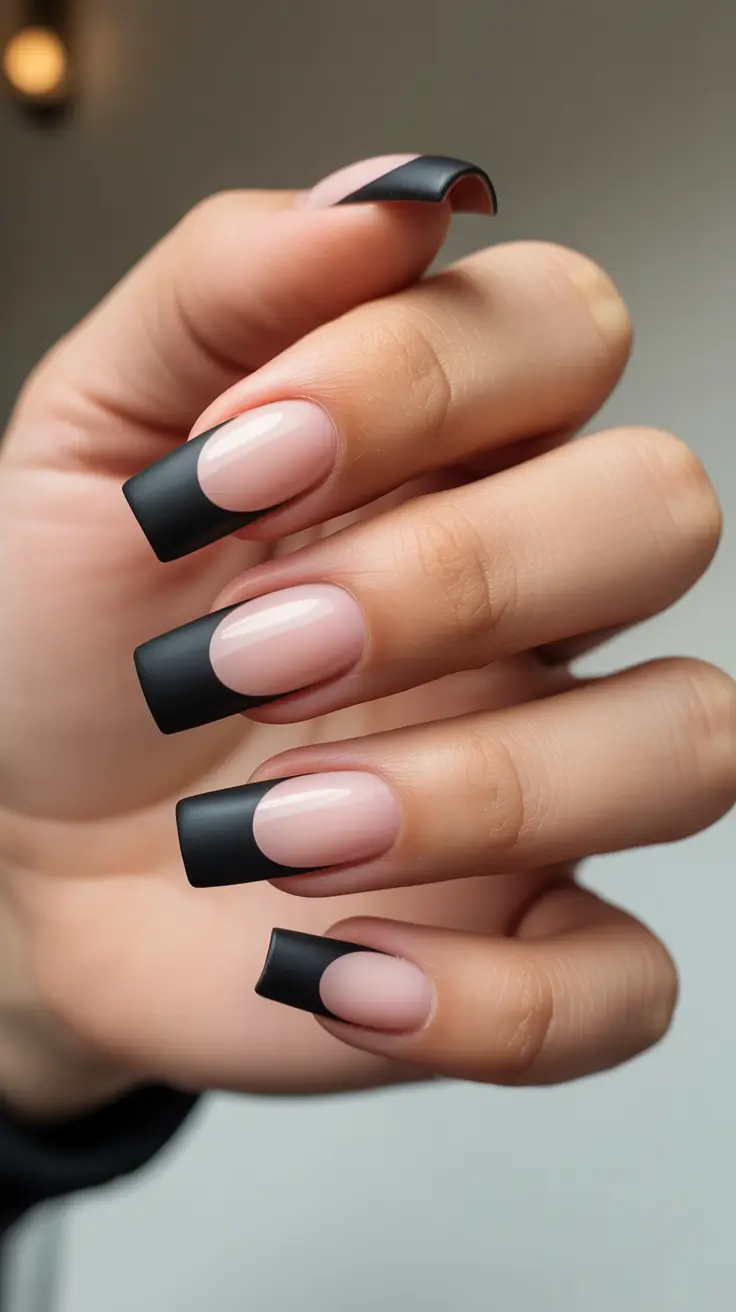 trendy black French tip nails 2026 Matte Black French Tips With A Clean Nude Base