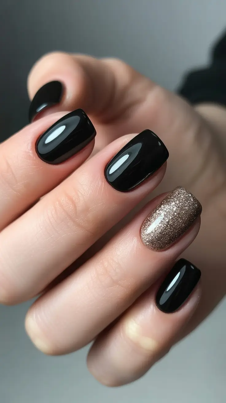 black nails inspiration 2026 Minimal Black With Golden Accent Sparkle