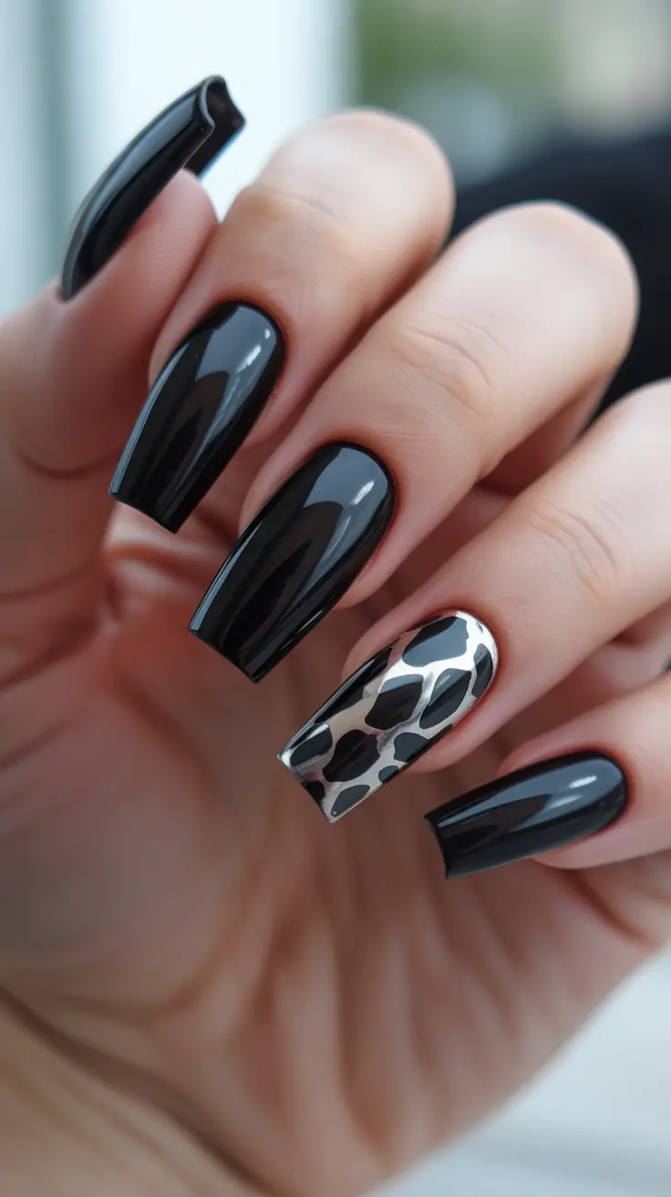 black nails inspiration 2026 - Chrome Animal Accent On Jet Black