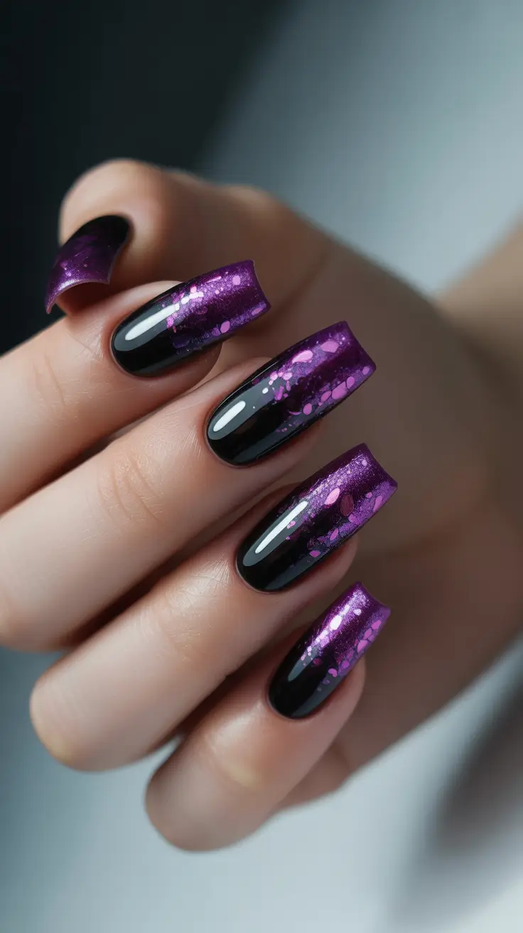 black nails inspiration 2026 - Electric Violet Galaxy Tips