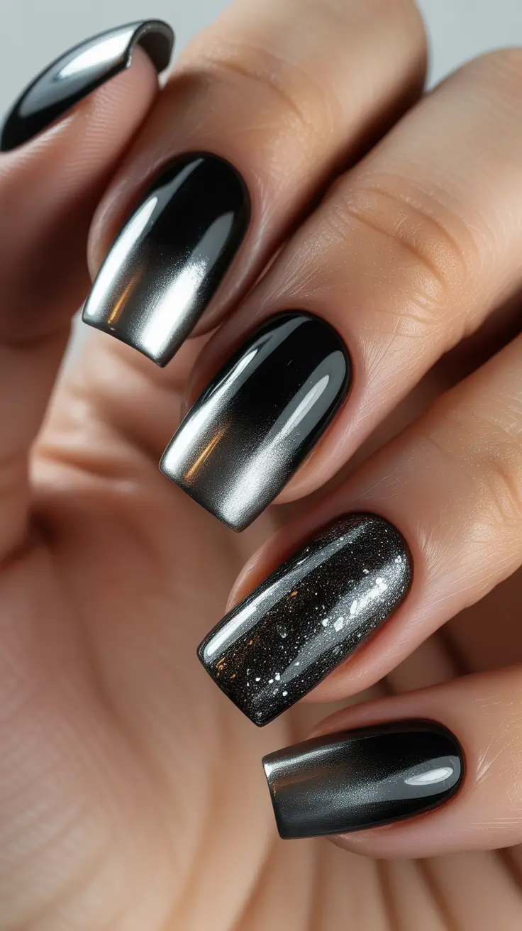 black nails inspiration 2026 Mirror Chrome Gradient For A Futuristic Night Look