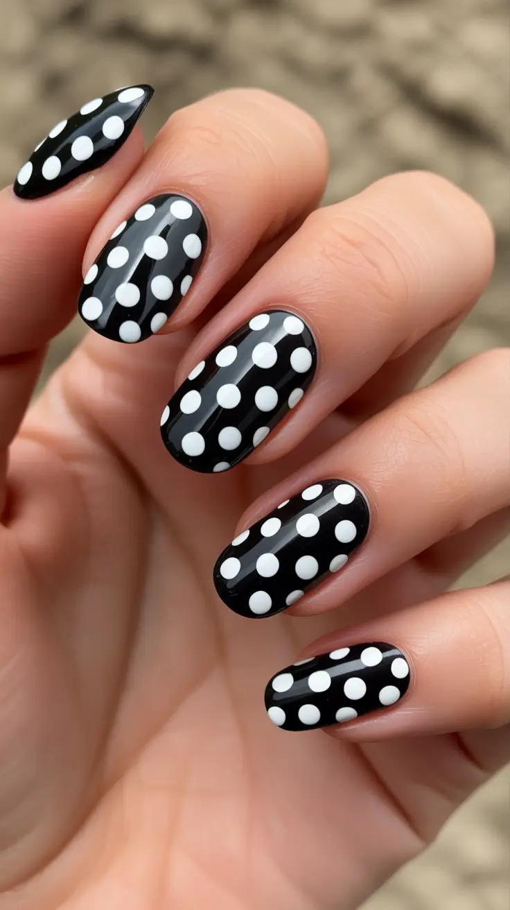 black nails inspiration 2026 Retro Polka Dot Almonds In High Contrast