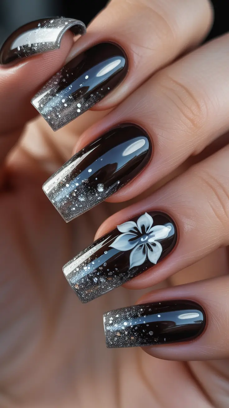 black nails inspiration 2026 Galaxy Ombre Squares With Delicate Floral Detail