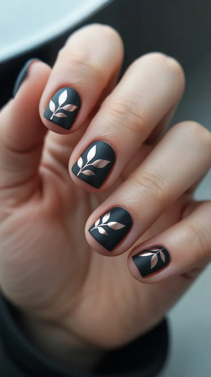 black nails inspiration 2026 - Matte Black With Rose Gold Leaves