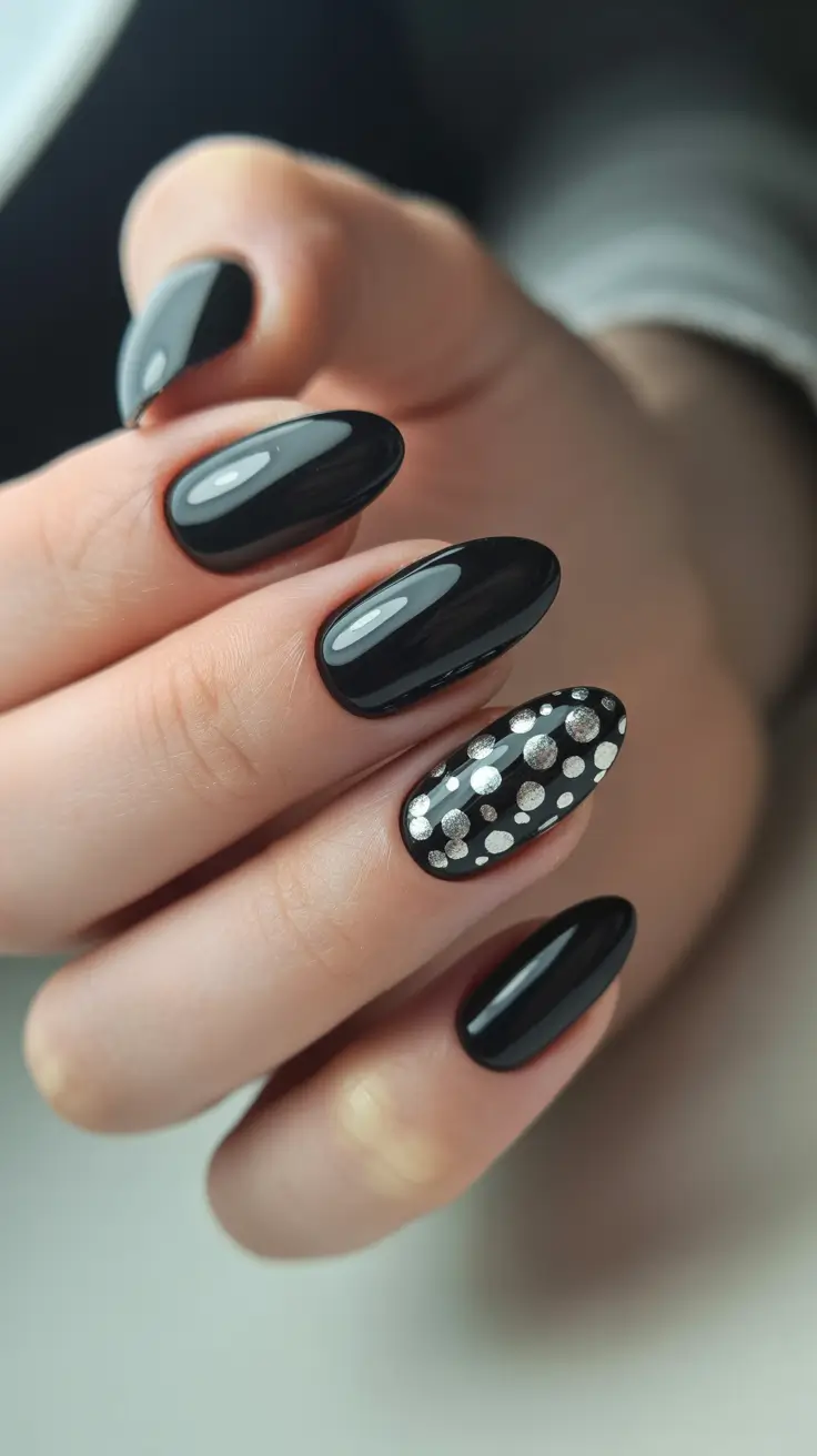 black nails inspiration 2026 Silver Dot Accent On Soft Oval Black