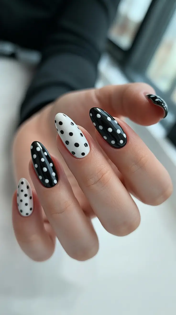 black nails inspiration 2026 Playful Polka Dot Almonds In Monochrome