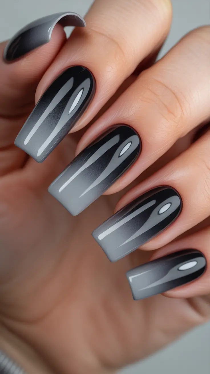 black nails inspiration 2026 Grey Smoke Ombre Coffin Nails