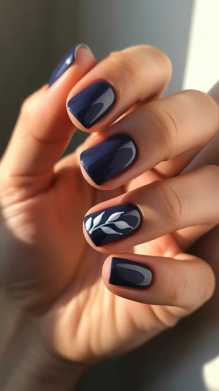 blue nails inspiration 2026 Midnight Navy With Minimal Leaf Accent