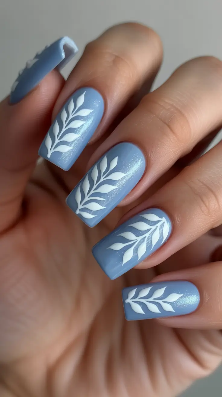 blue nails inspiration 2026 Soft Sky Blue Leaves On Square Tips