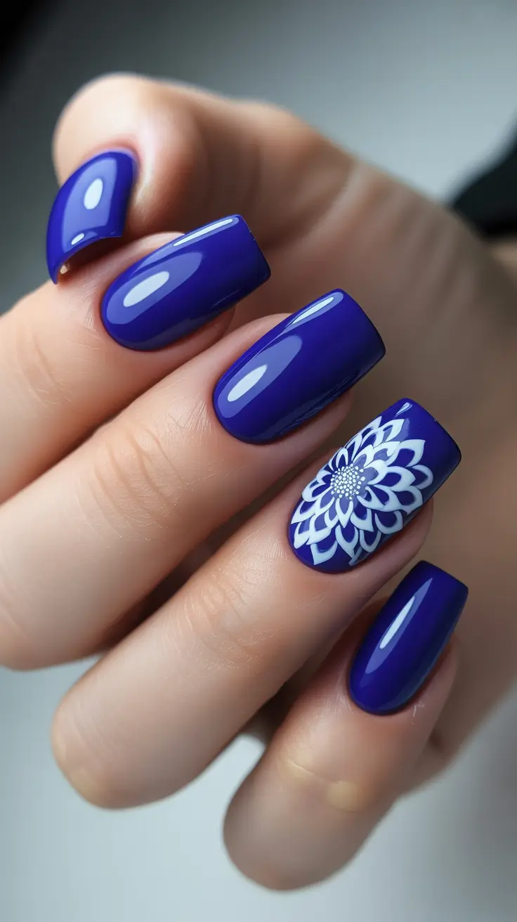 blue nails inspiration 2026 Royal Blue Shine With A Single Floral Accent