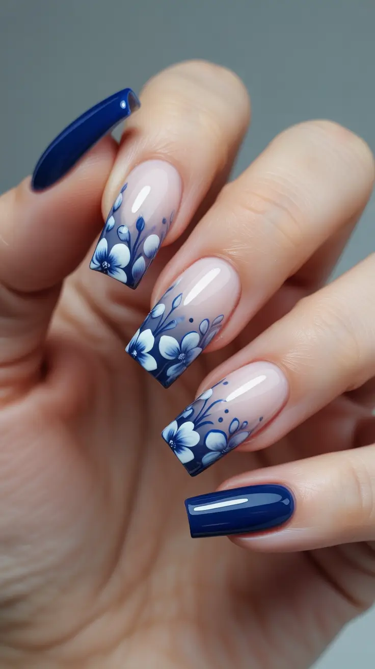 blue nails inspiration 2026 Floral Ombre French In Soft Navy Tones