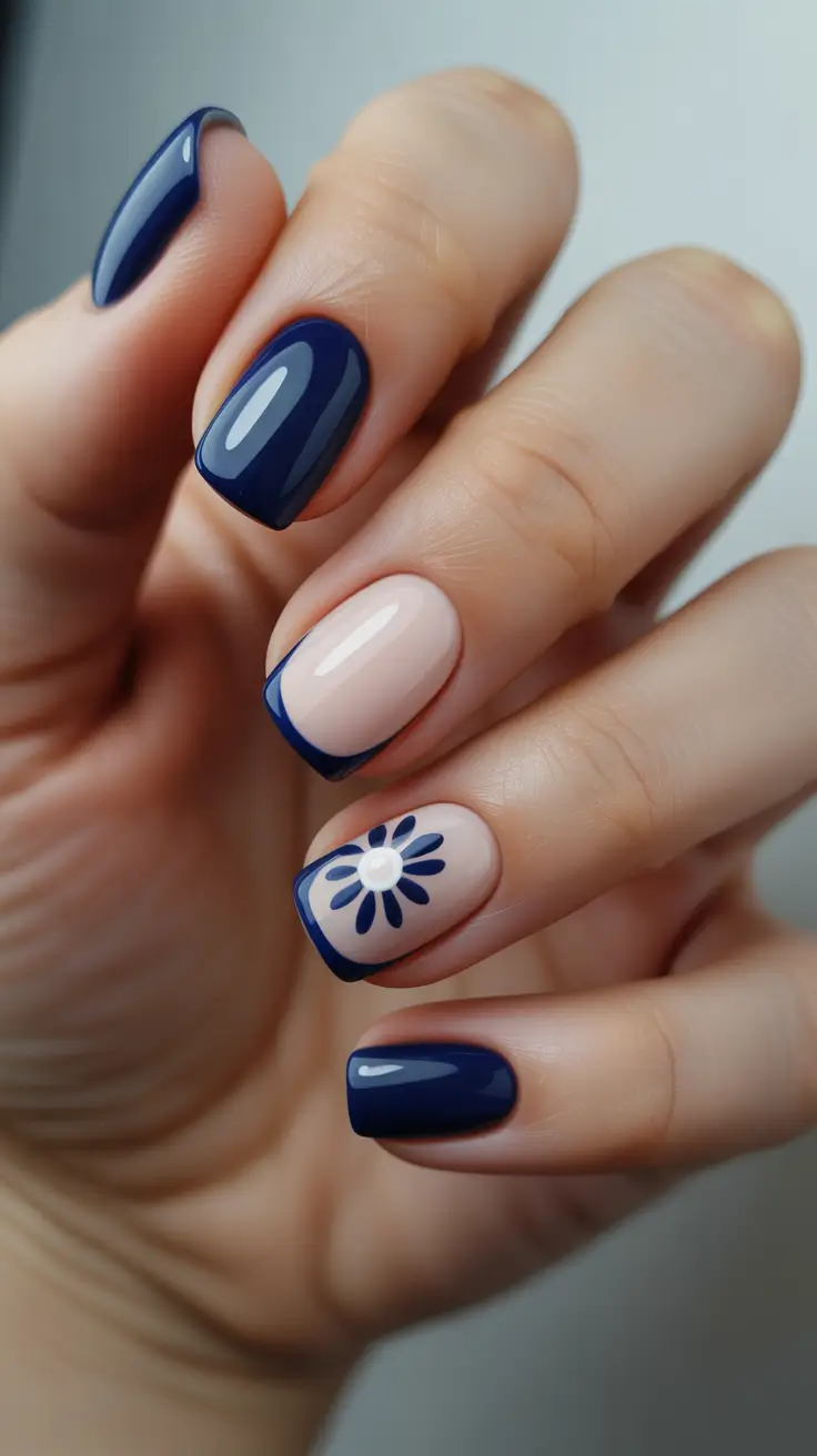 blue nails inspiration 2026 Navy Daisy French Chic