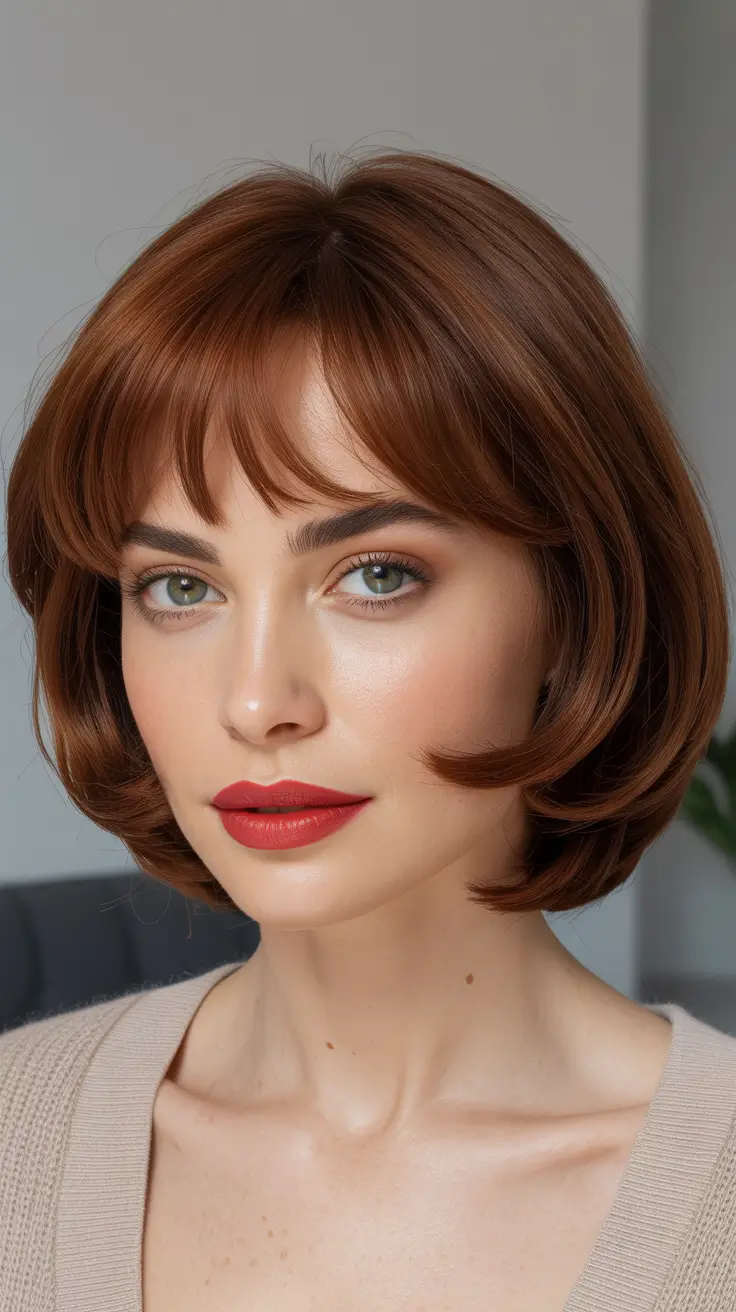 Modern bob haircut styles 2026 Warm Copper Bob With Retro Soft Bangs