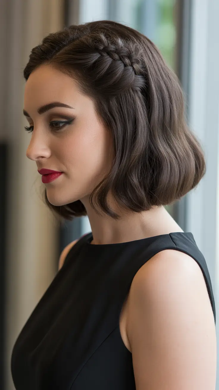 Cute bob hairstyle ideas 2026 Soft Wavy Bob With Braided Crown Detail