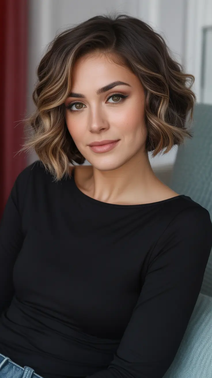 Cute bob hairstyle ideas 2026 Textured Wavy Bob With Soft Highlights