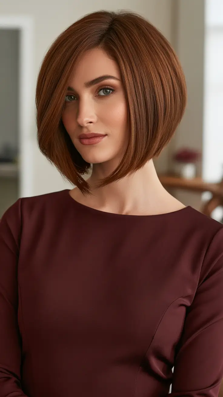 Cute bob hairstyle ideas 2026 Sleek Angled Auburn Bob With Sharp Lines