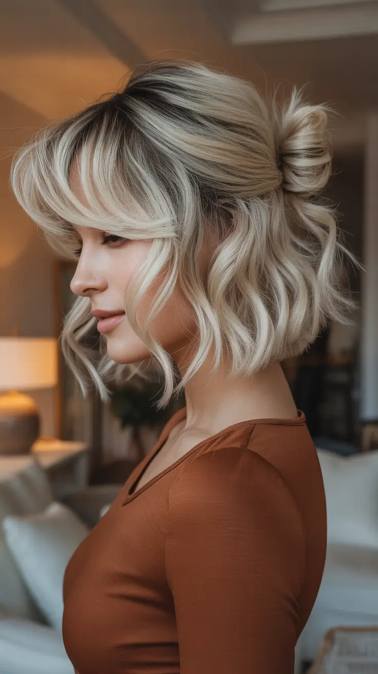 Cute bob hairstyle ideas 2026 Soft Blonde Wavy Bob With A Half Up Knot