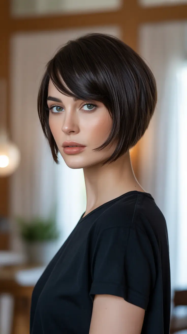 Cute bob hairstyle ideas 2026 Sleek Angled Brunette Bob With Side Fringe