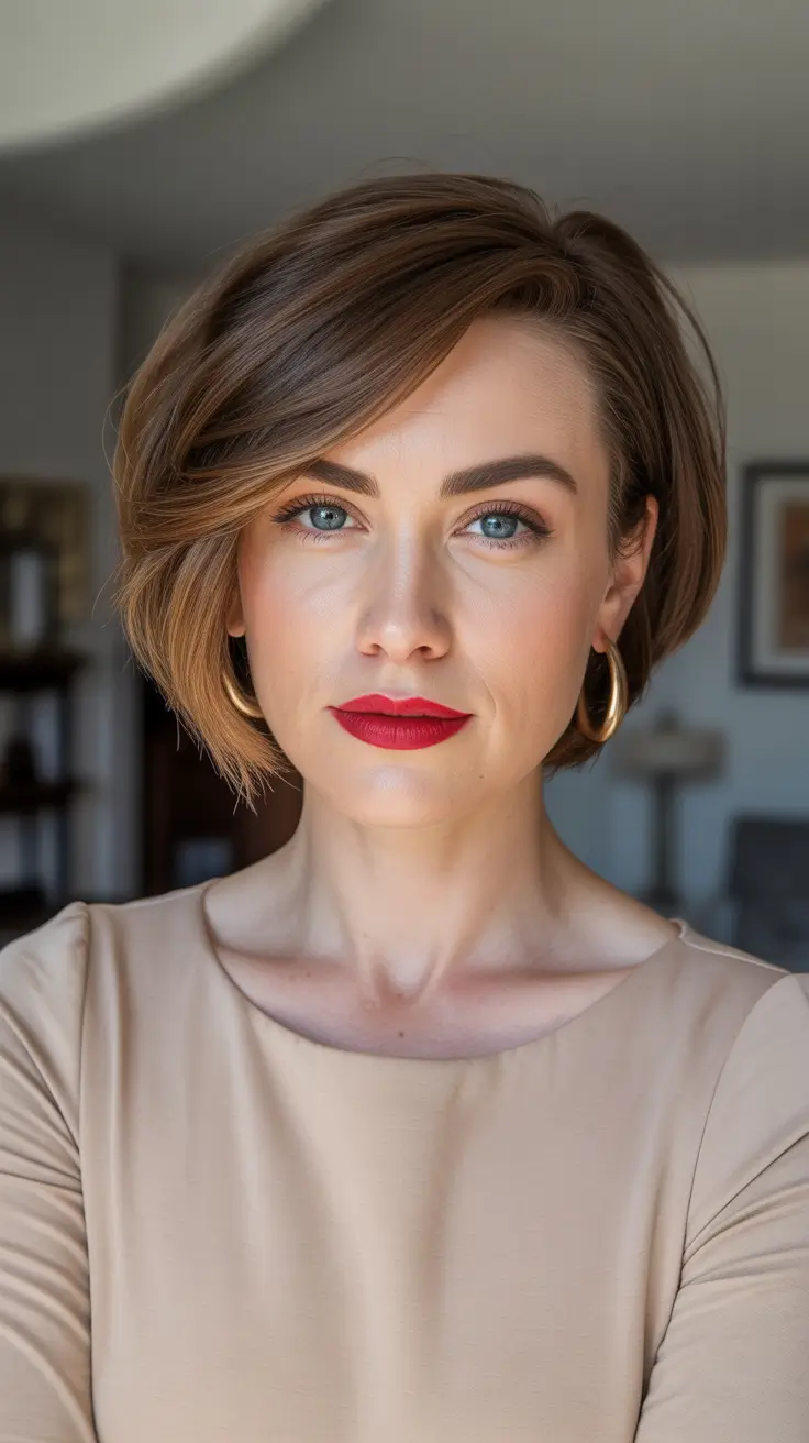 Cute bob hairstyle ideas 2026 Side-Swept Angled Bob With Power Energy