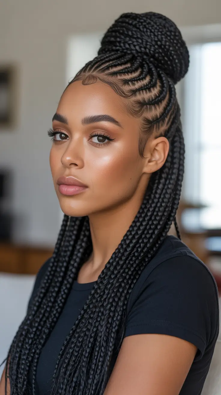 Stylish Braid Styles 2026 - High Braided Bun With Swirling Cornrows