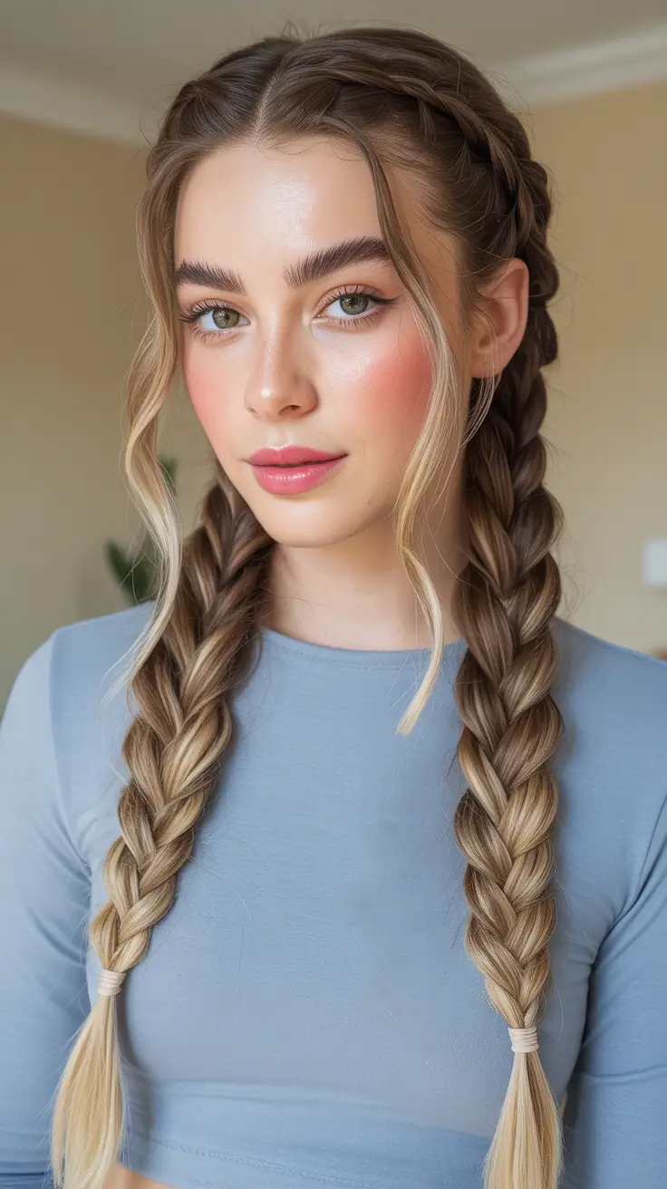 Stylish Braid Styles 2026 Playful Twin Braids With Soft Face Framing Strands