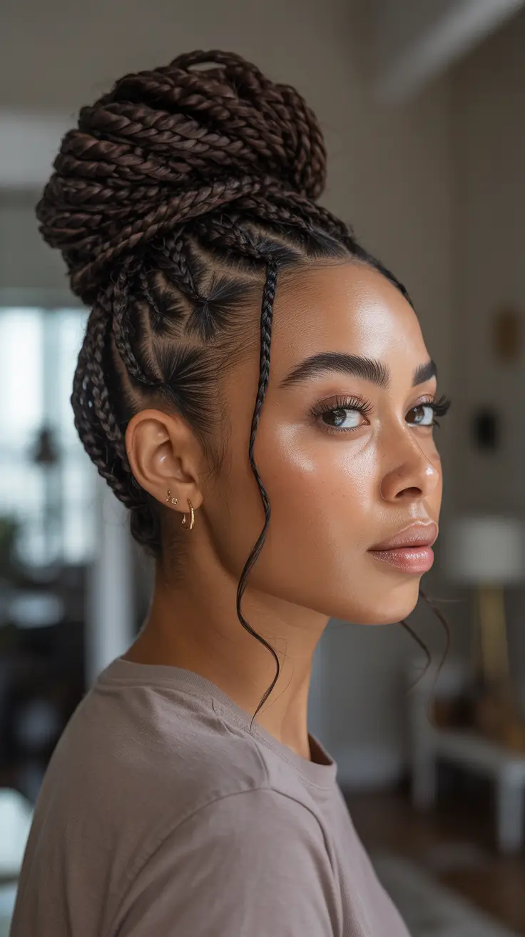 Stylish Braid Styles 2026 High Braided Bun With Detailed Scalp Patterns