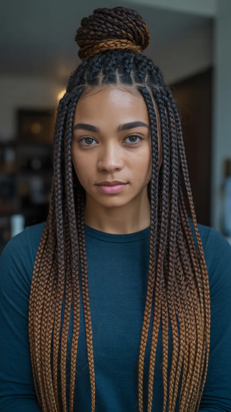 Stylish Braid Styles 2026 Half Up Top Knot With Long Box Braids