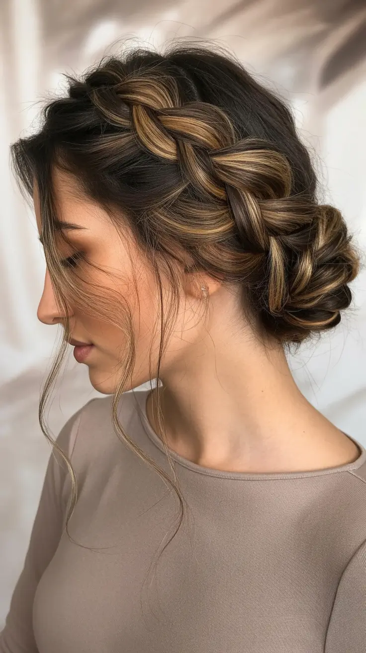 Stylish Braid Styles 2026 - Romantic Crown Braid With Low Textured Bun