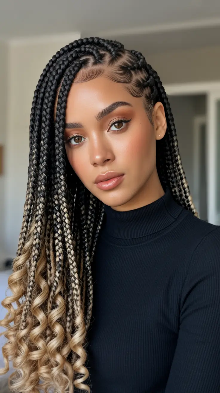 Stylish Braid Styles 2026 Blonde Tipped Knotless Box Braids With Curls