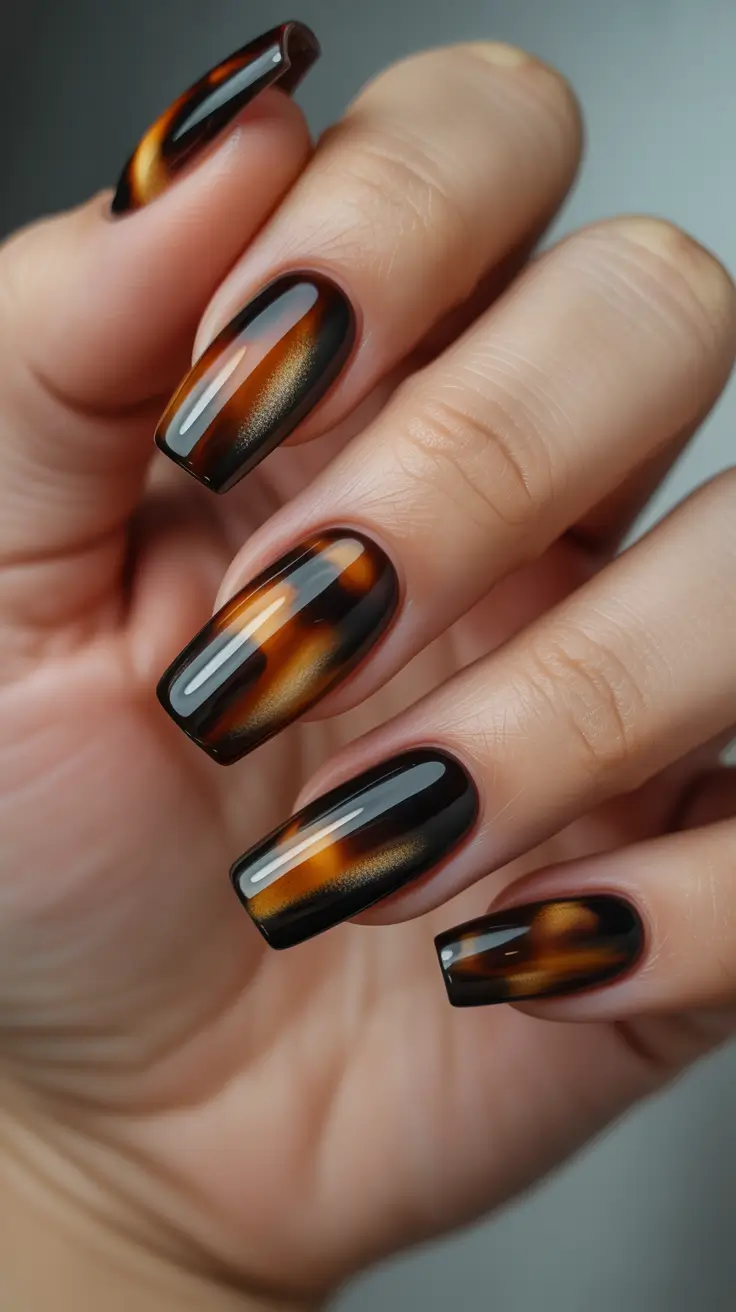 brown nail designs 2026 Cozy Tortoiseshell Gloss Coffin Nails