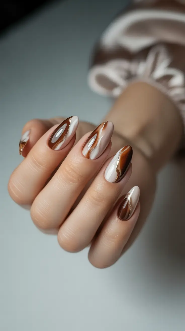 brown nail designs 2026 Coffee Marble Swirl Almond Nails
