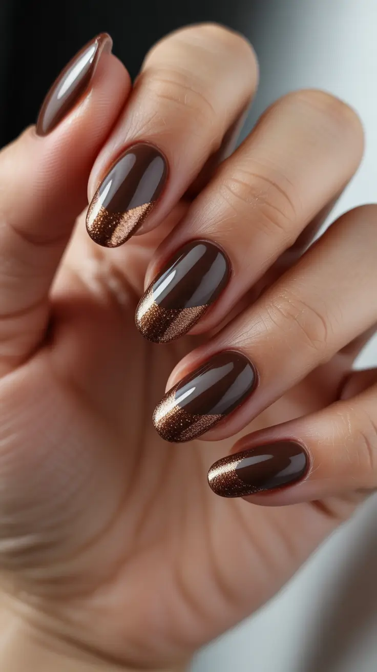 brown nail designs 2026 Diagonal Bronze French On Chocolate Nails